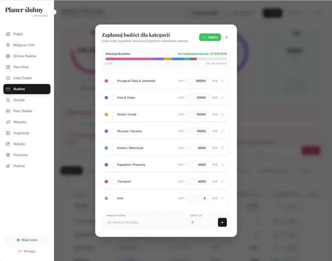 Widok planera ślubnego z limitami wydatków i kategoriami budżetu weselnego