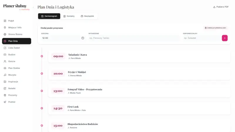 Plan dnia ślubu w planerze online z osią czasu i listą punktów