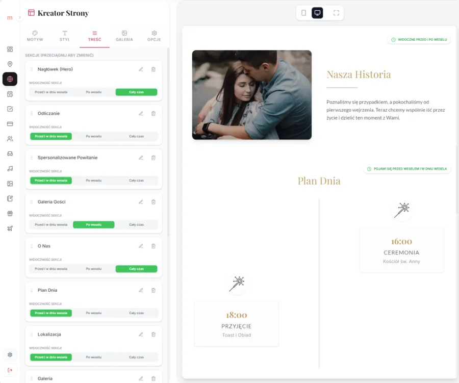 Strona ślubna w planerze online z planem dnia i sekcjami dla gości