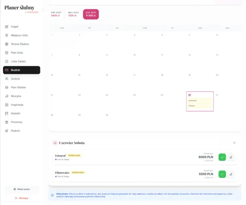 Harmonogram płatności wesela i terminy zaliczek w planerze budżetu ślubnego online Harmonogram płatności wesela i terminy zaliczek w planerze budżetu ślubnego online