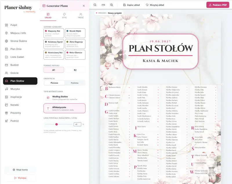 Plan stołów przy wejściu na salę weselną generowany automatycznie na podstawie usadzonych gości