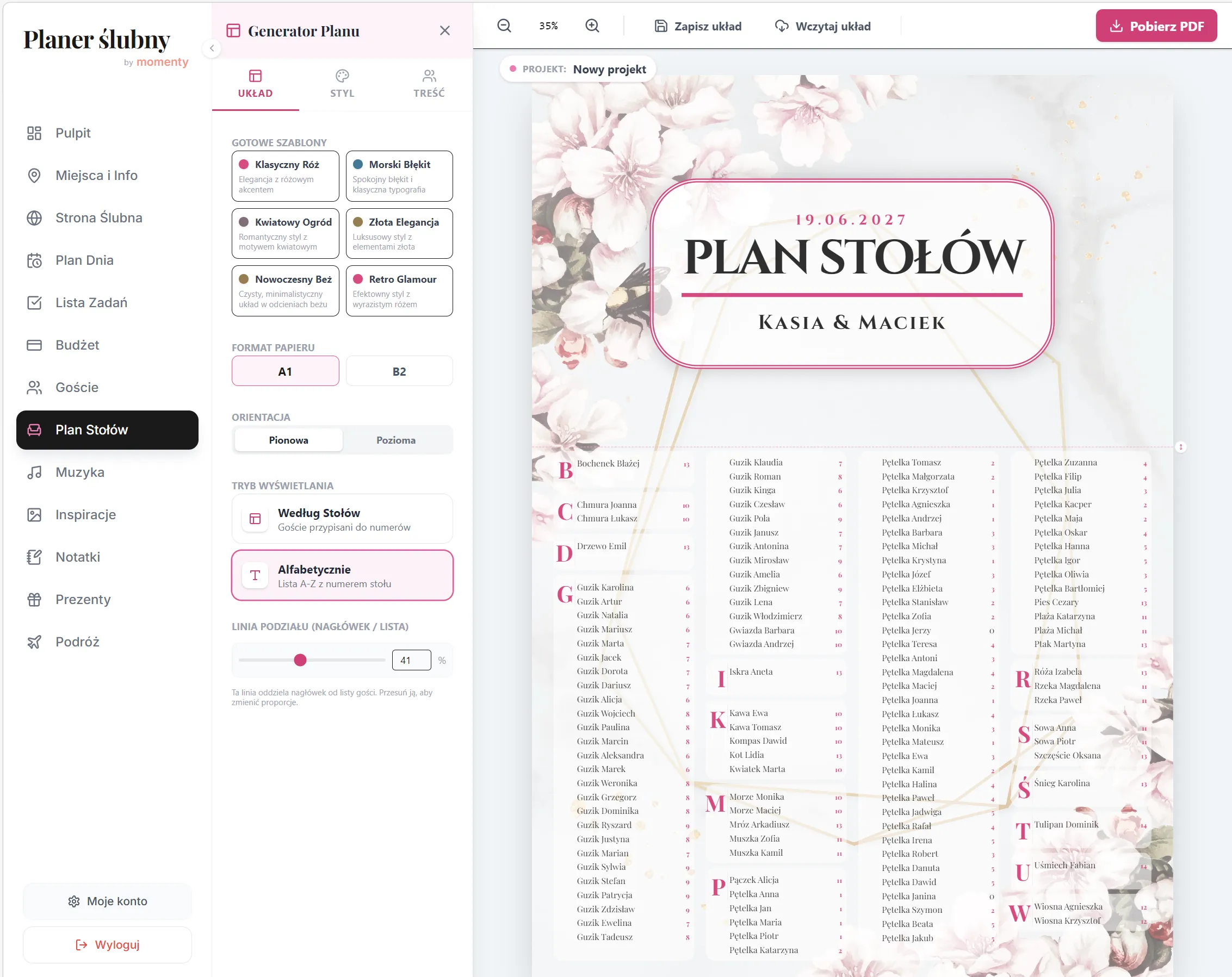 Plan stołów przy wejściu na salę weselną generowany automatycznie na podstawie usadzonych gości Plan stołów przy wejściu na salę weselną generowany automatycznie na podstawie usadzonych gości