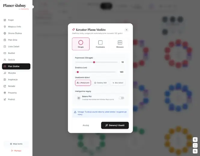 Planer stołów weselnych online z widokiem sali i ustawieniem stołów metodą drag and drop Planer stołów weselnych online z widokiem sali i ustawieniem stołów metodą drag and drop