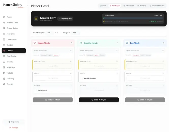 Edycja danych gościa z kategoriami i logistyką w planerze ślubnym Edycja danych gościa z kategoriami i logistyką w planerze ślubnym
