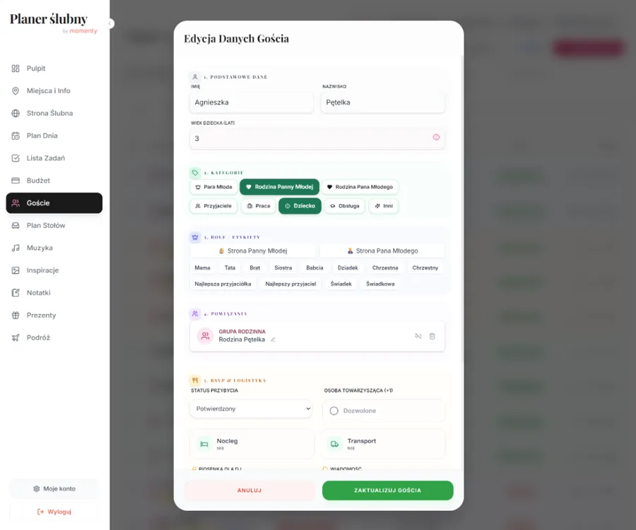 Lista gości weselnych w planerze online przed wyborem sali