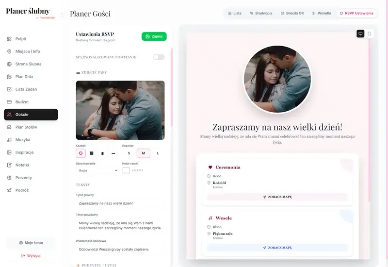 Ustawienia RSVP i podgląd strony ślubnej w planerze