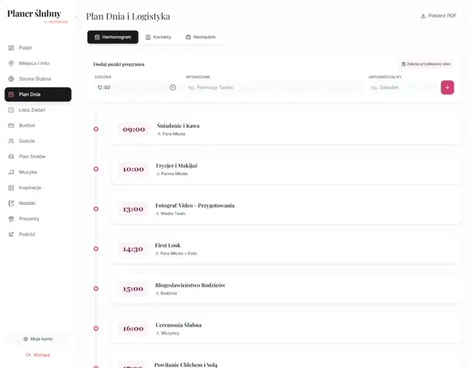 Harmonogram dnia ślubu i logistyka przygotowań w planerze ślubnym online