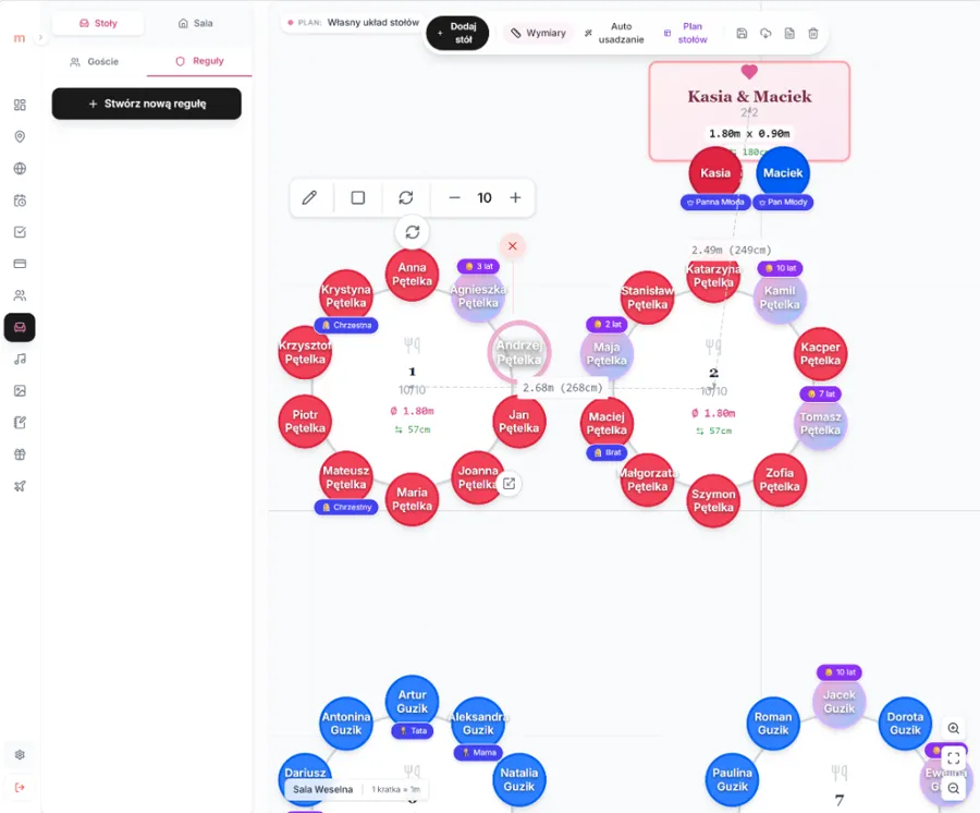 Plan stołów weselnych w aplikacji online z rozmieszczeniem stołów i usadzaniem gości