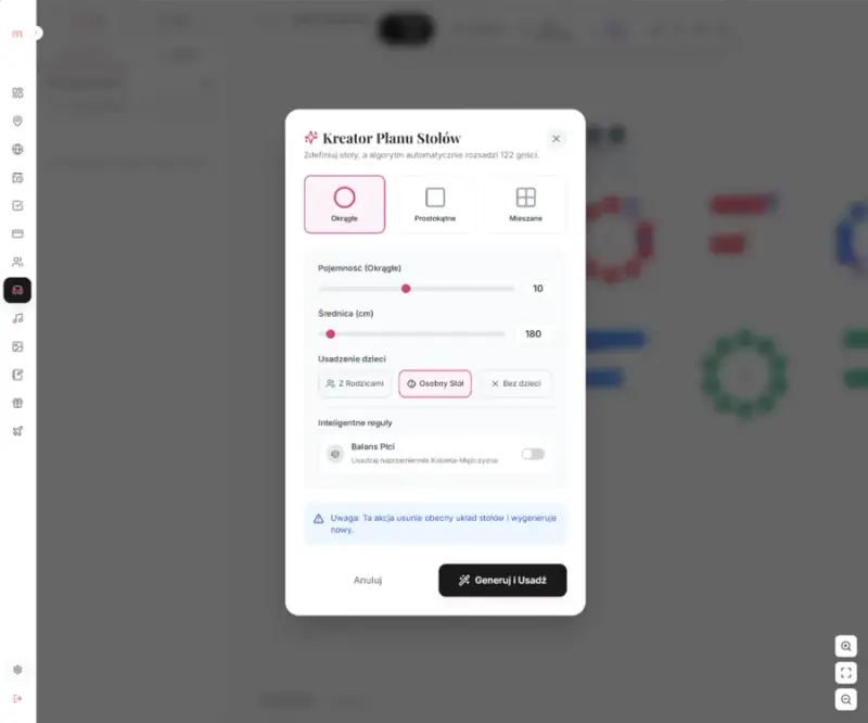 Plan stołów weselnych w planerze online z widokiem sali i stołów