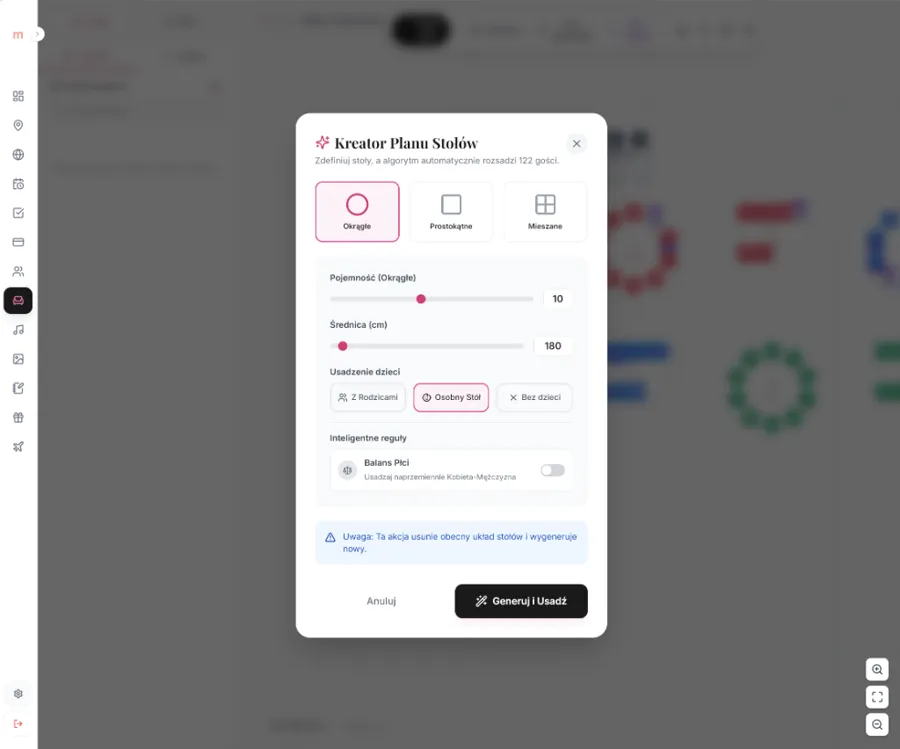 Plan stołów weselnych w planerze online z widokiem sali i stołów