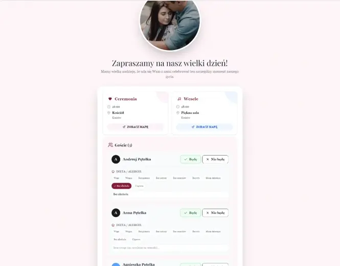 Potwierdzenia RSVP online dla gości weselnych z dodatkowymi informacjami o diecie i noclegu