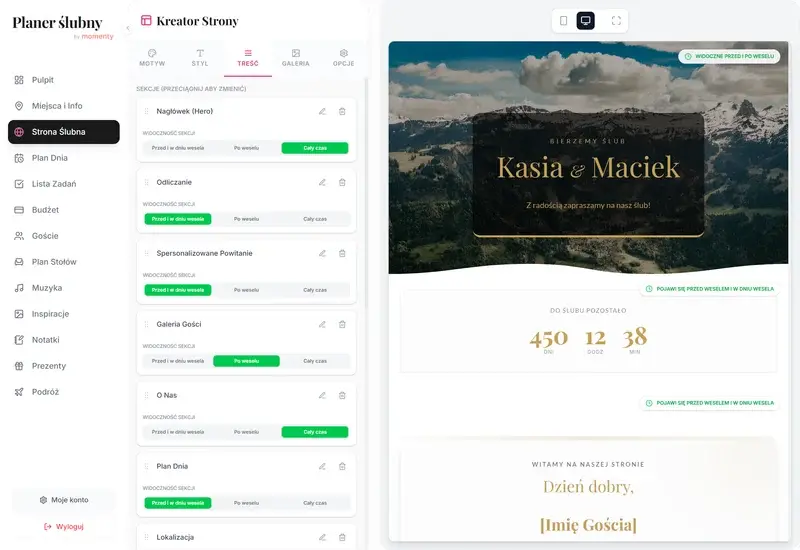 Strona ślubna w planerze online z sekcjami dla gości i informacjami o weselu