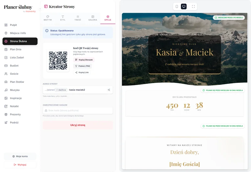 Opcje strony ślubnej i ustawienia publikacji w planerze online Opcje strony ślubnej i ustawienia publikacji w planerze online