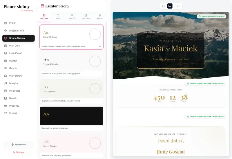 Strona ślubna w planerze online z sekcjami dla gości i ważnymi informacjami o weselu
