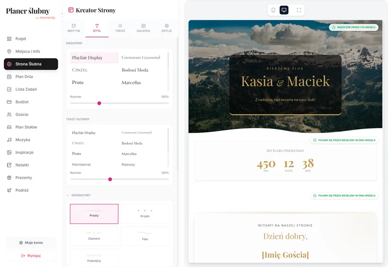 Wybór stylu i kolorystyki strony ślubnej w planerze online Wybór stylu i kolorystyki strony ślubnej w planerze online