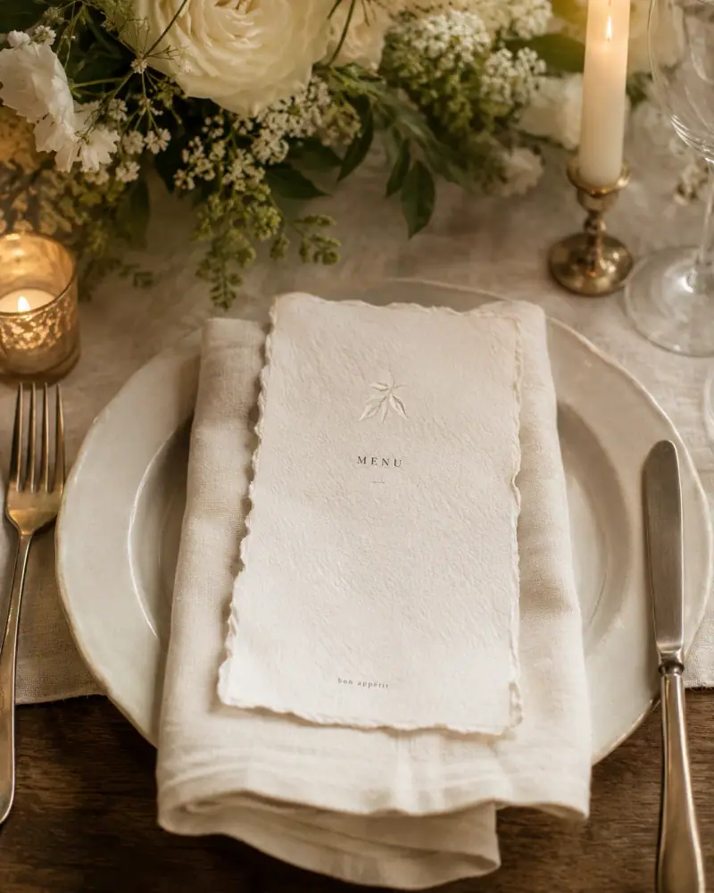 Menu weselne wydrukowane na ręcznie czerpanym papierze