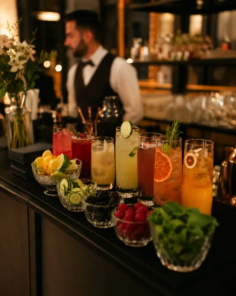 Elegancki bar bezalkoholowy z autorskimi mocktailami i świeżymi dodatkami