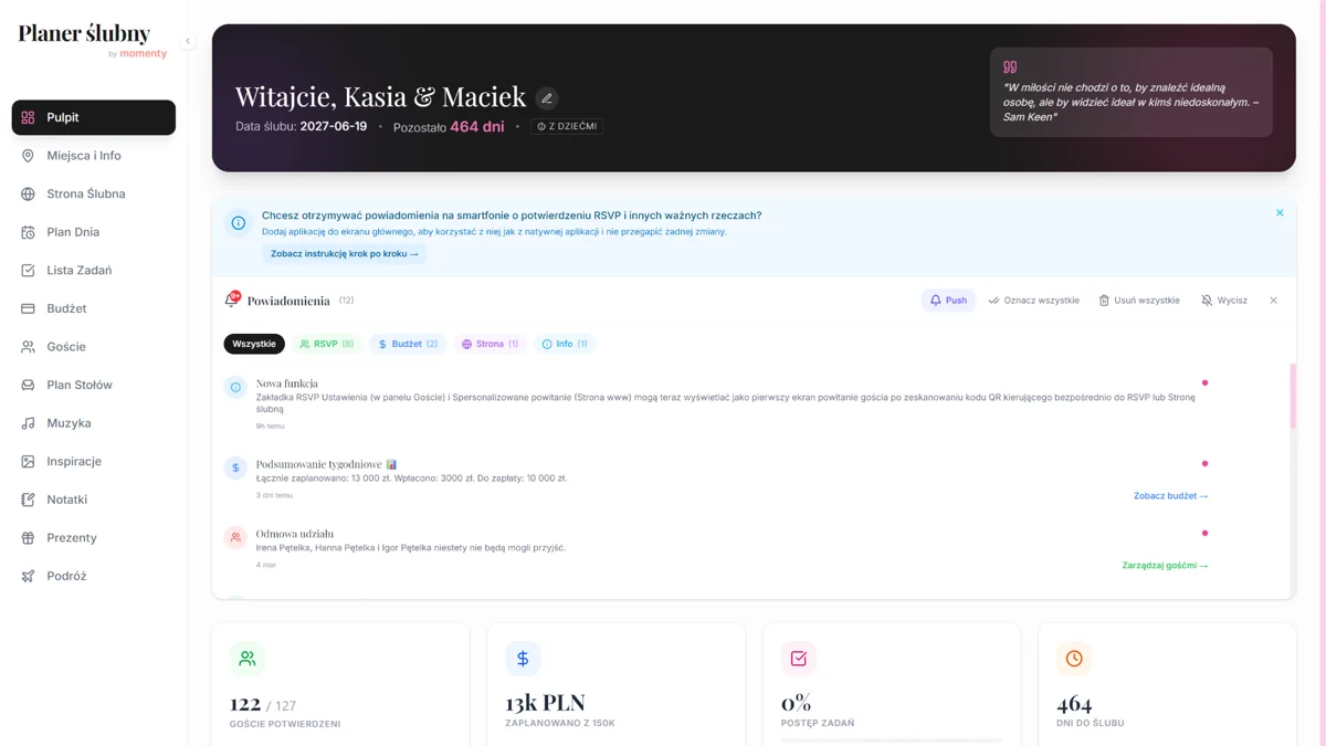 Pulpit planera ślubnego online z budżetem, zadaniami i RSVP