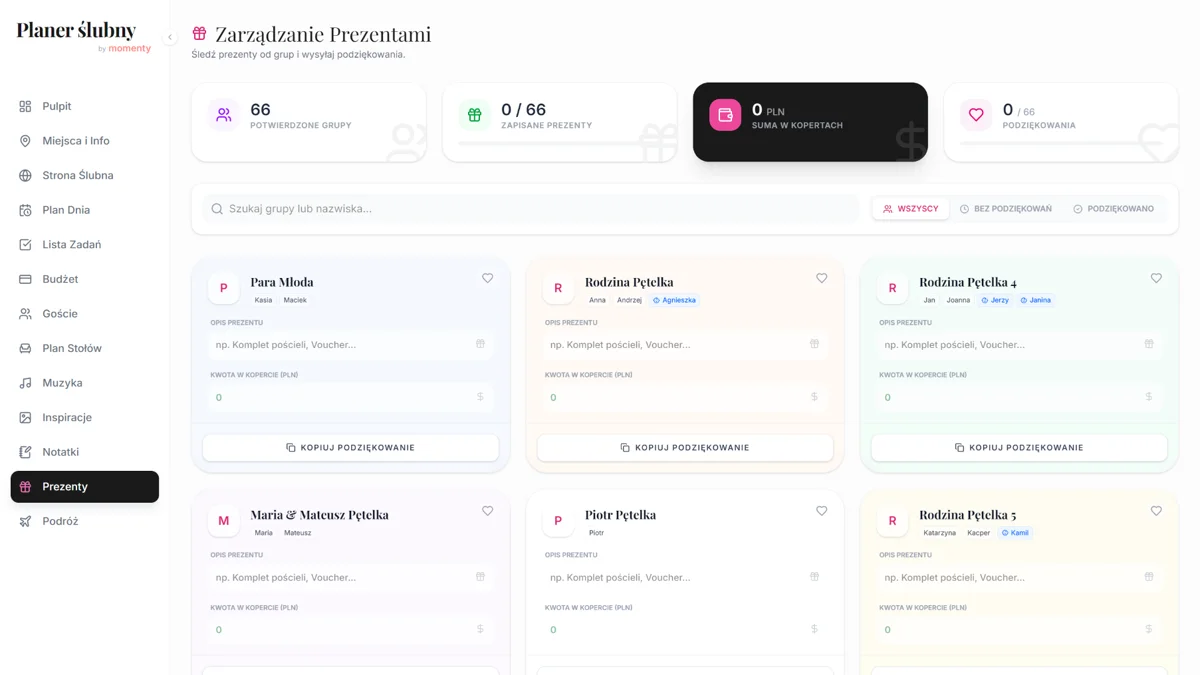 Lista prezentów ślubnych online z podziękowaniami i rejestrem upominków