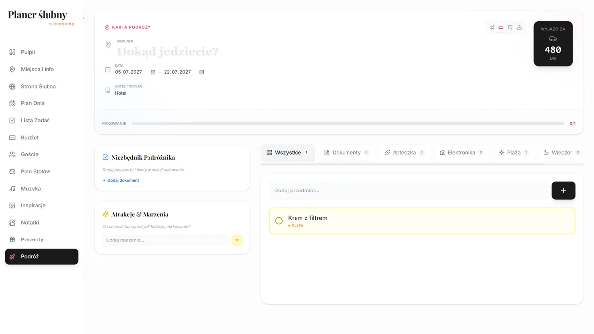 Planowanie podróży poślubnej online z dokumentami, pakowaniem i planem wyjazdu