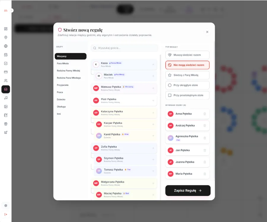Inteligentne reguły usadzania gości weselnych
