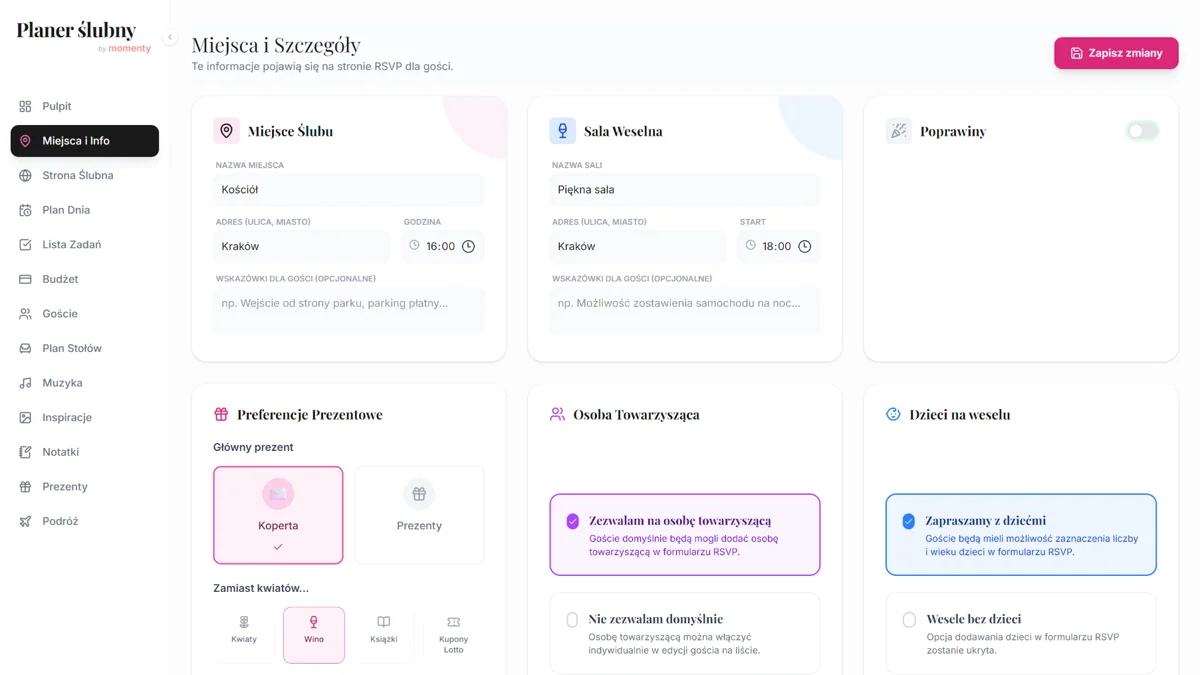Moduł logistyki weselnej z miejscami ceremonii, sali i informacjami dla gości