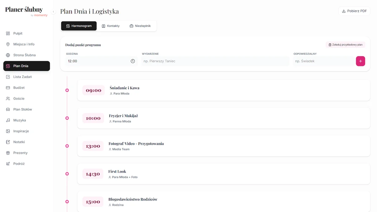 Plan dnia ślubu i wesela online z osią czasu i harmonogramem wydarzeń
