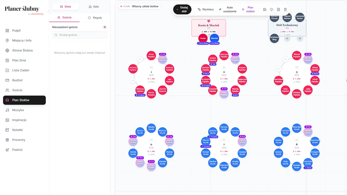 Plan stołów weselnych online z interaktywnym rozmieszczeniem gości