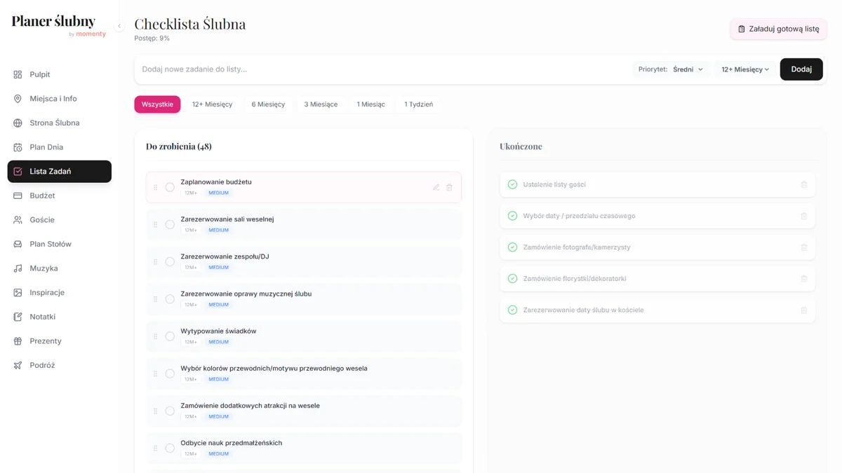 Lista zadań ślubnych online z checklistą przygotowań i terminami