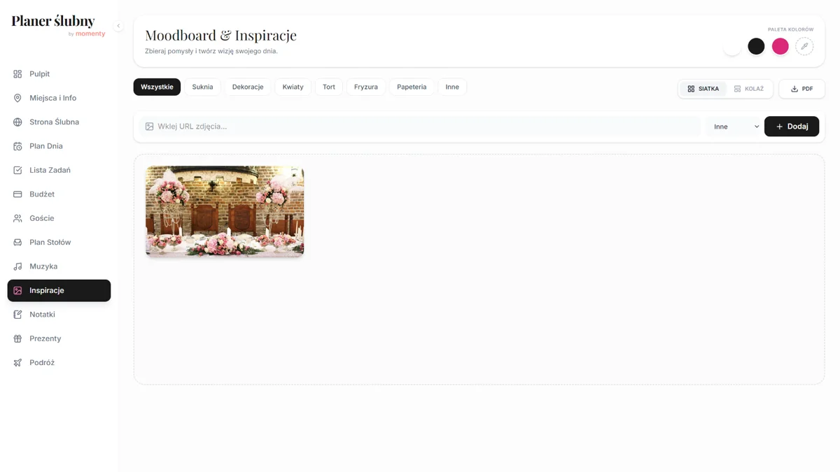 Tablica inspiracji ślubnych online z moodboardem i motywem przewodnim wesela