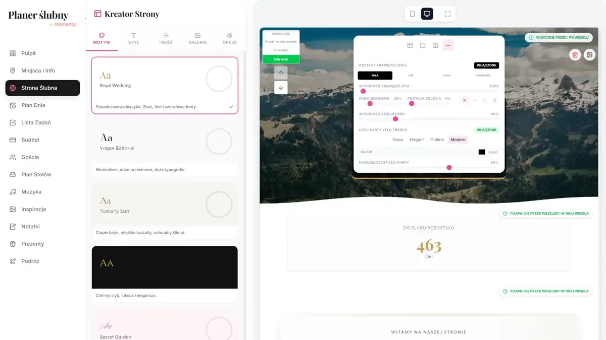 Kreator strony ślubnej online z gotowym szablonem i sekcjami dla gości
