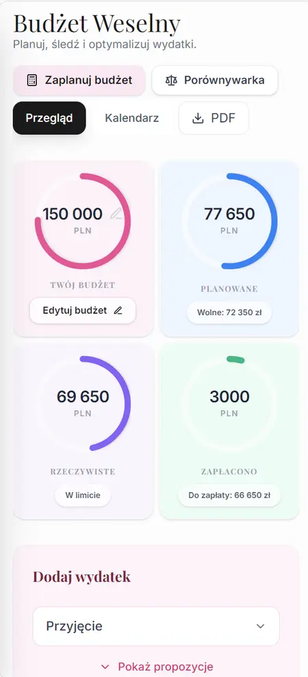 Budżet ślubny i wydatki w planerze ślubnym online na telefonie