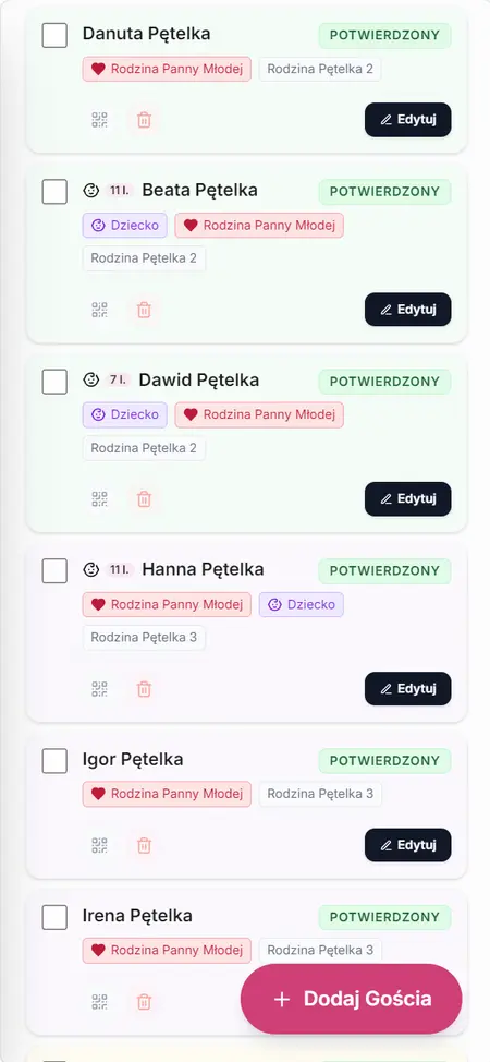 Lista gości w planerze ślubnym online na telefonie