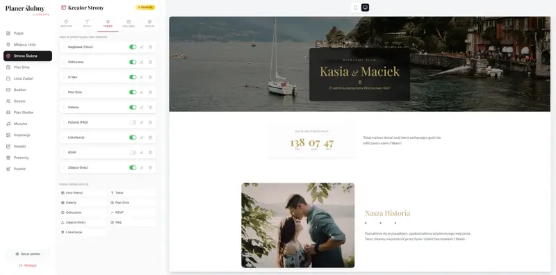 Planer ślubny - edytor strony ślubnej dla gości z RSVP i galerią