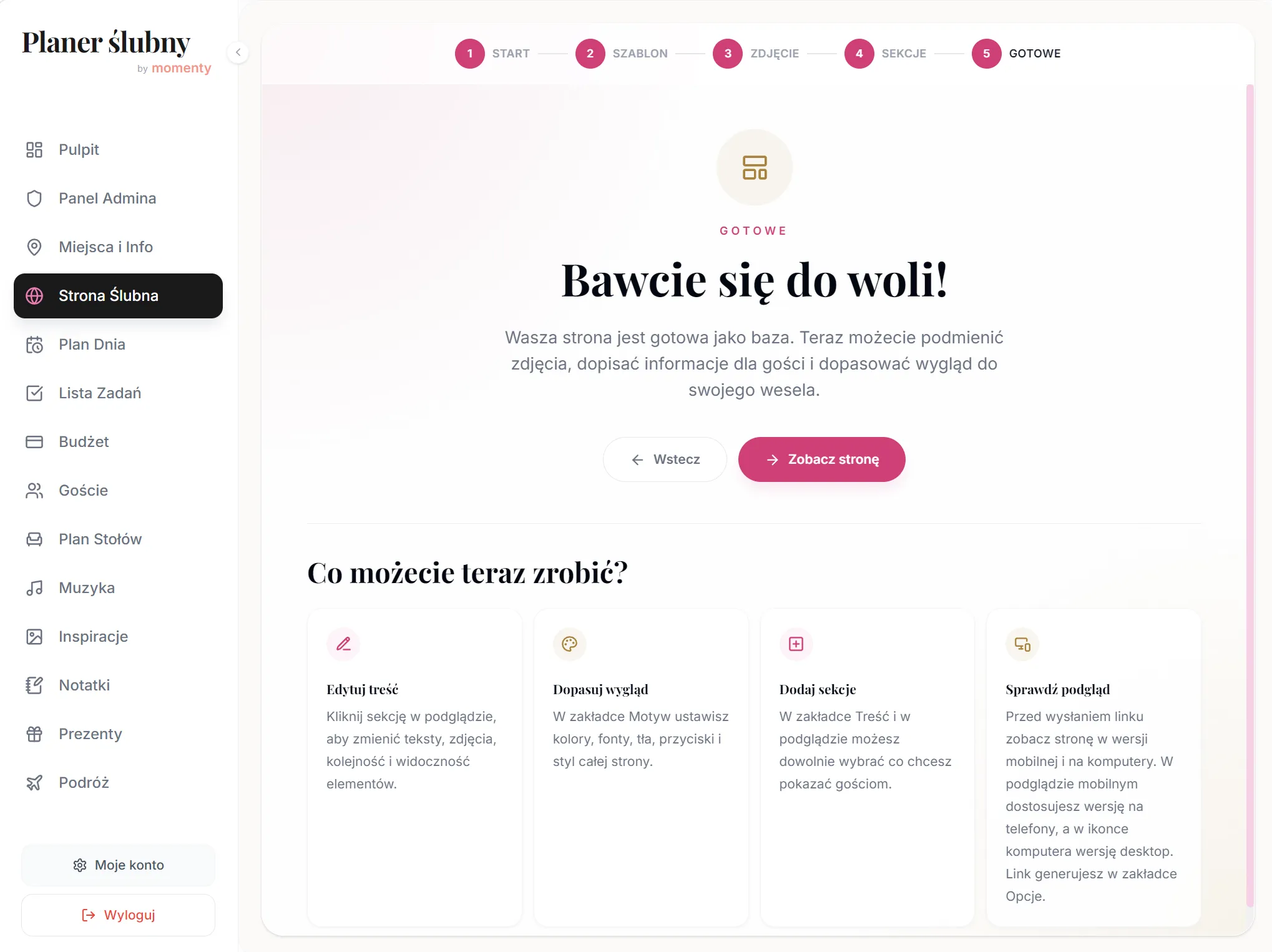 Gotowa strona ślubna online w kreatorze desktopowym