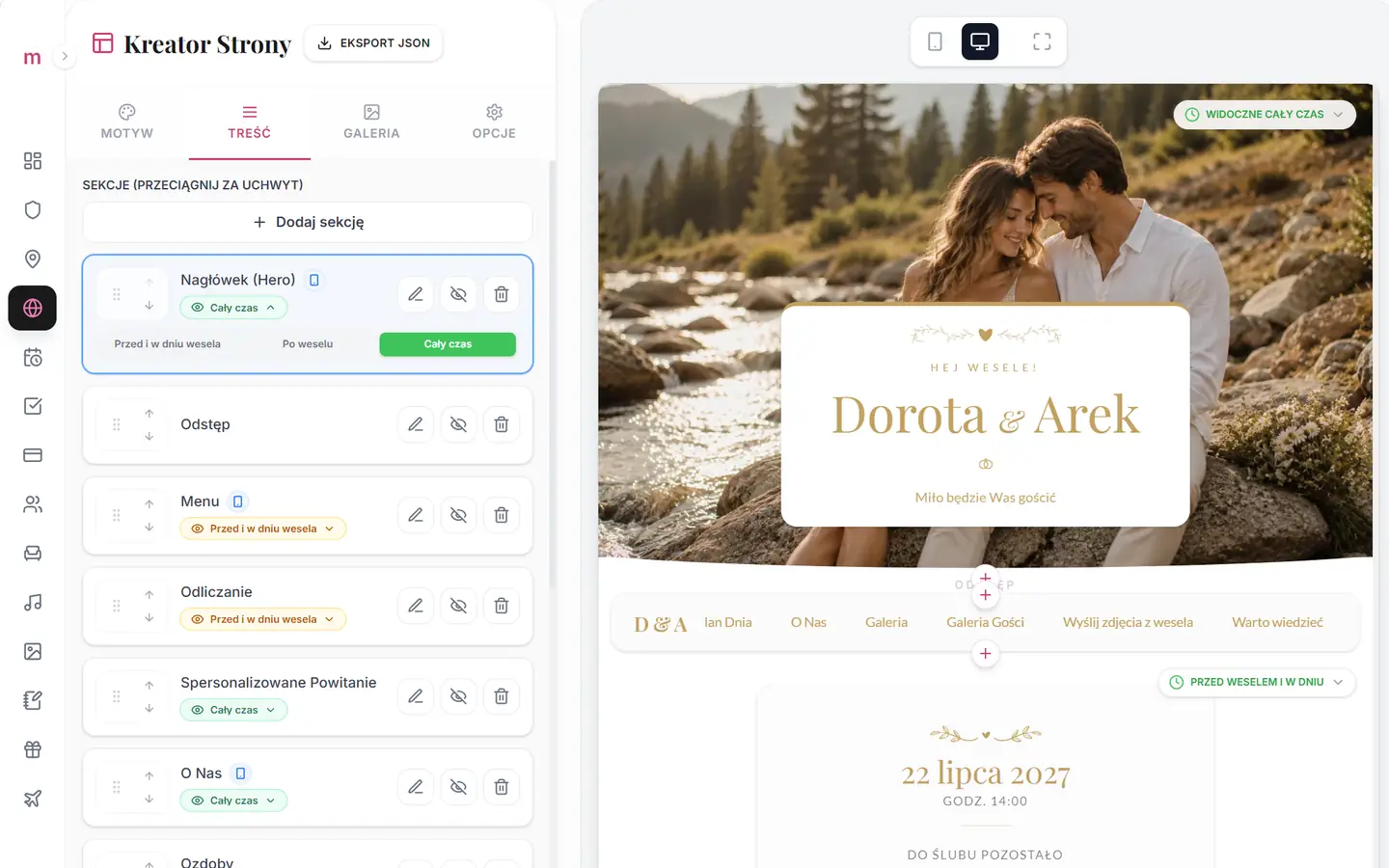 Edycja treści, kolejności i widoczności sekcji strony ślubnej online