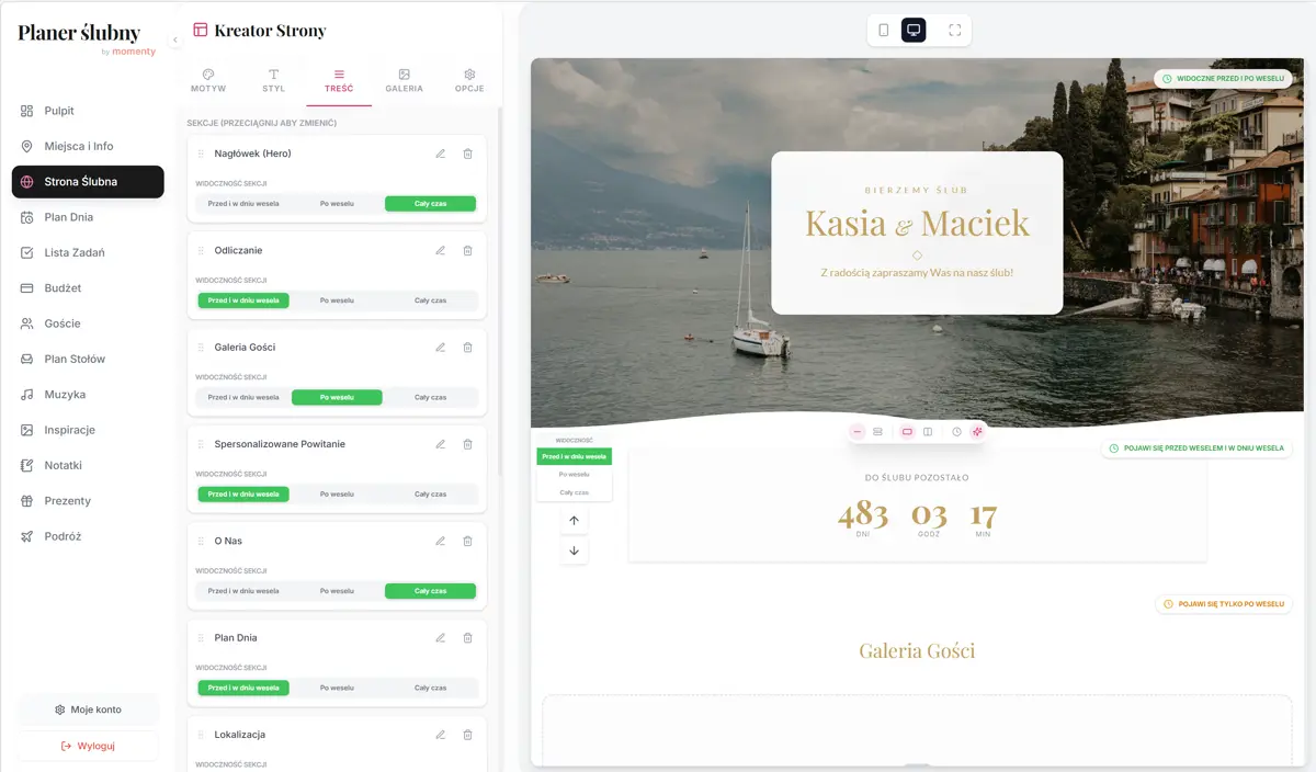 Kreator strony ślubnej online z edycją szablonu i sekcji dla gości