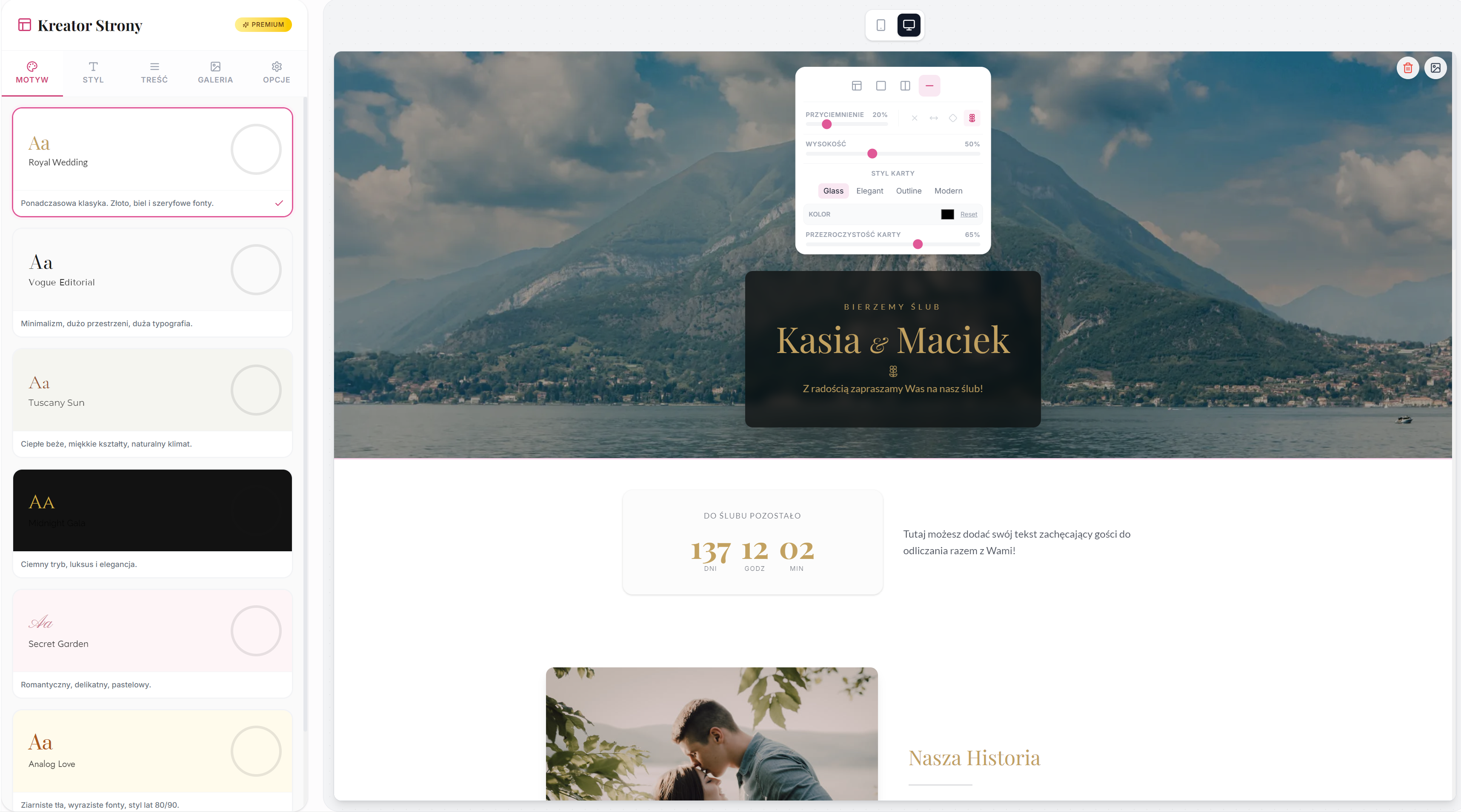 Planer ślubny - podgląd szablonu strony ślubnej w kreatorze