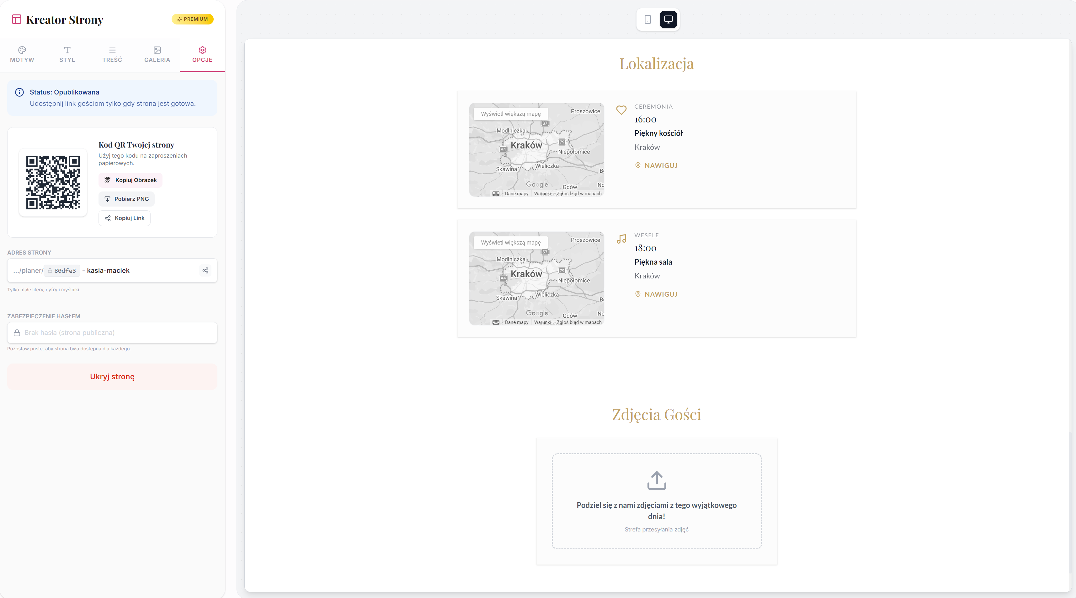 Planer ślubny - panel ustawień prywatności i publikacji strony ślubnej