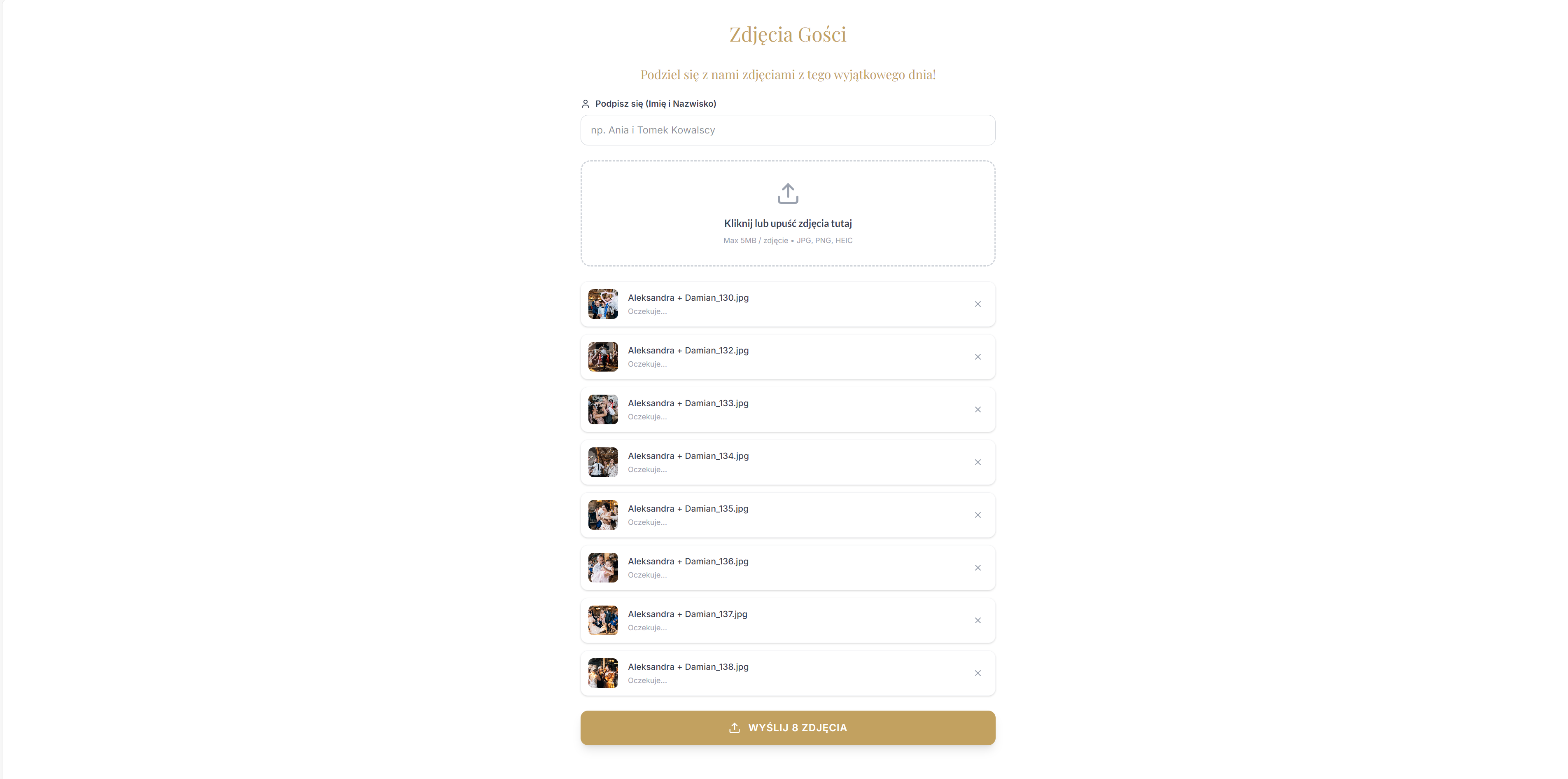 Planer ślubny - interfejs przesyłania zdjęć przez gości weselnych