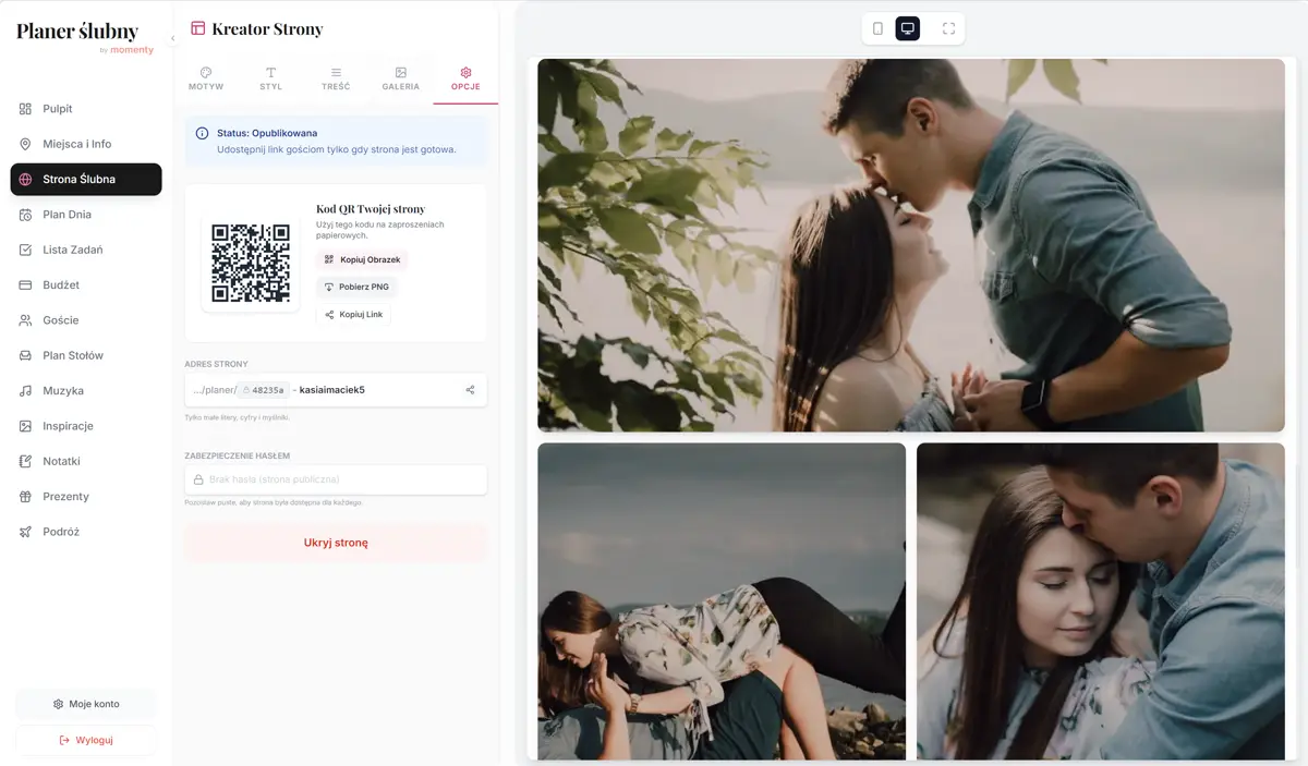 Ustawienia prywatności strony ślubnej online z hasłem i publikacją