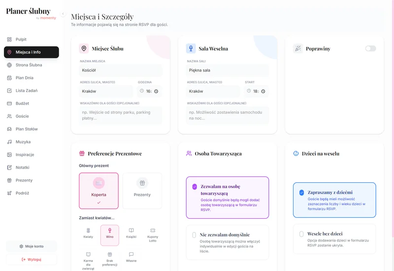 Miejsca i info w planerze ślubnym online w widoku desktop