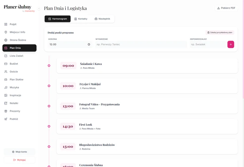 Plan dnia ślubu i wesela w planerze online w widoku desktop