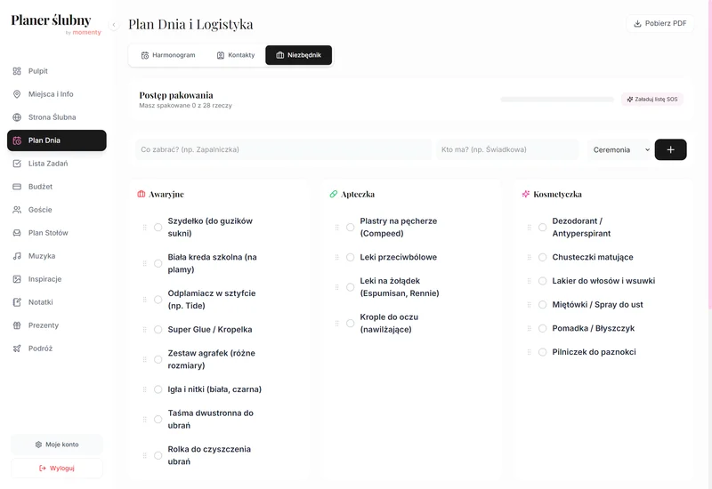 Pakowanie i niezbędnik w planie dnia ślubu w widoku desktop