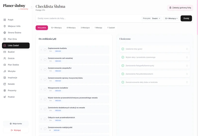 Lista zadań ślubnych w planerze online w widoku desktop