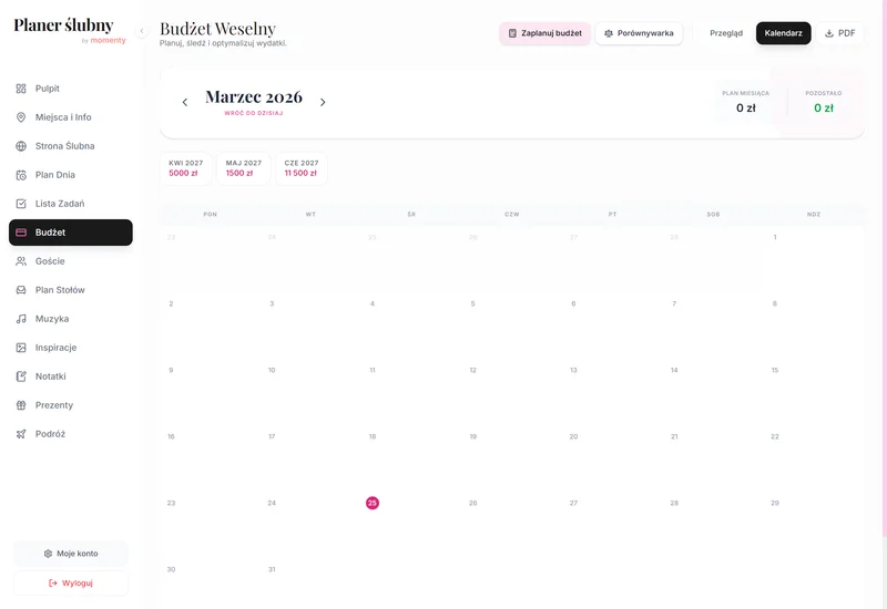 Kalendarz płatności budżetu ślubnego w planerze online w widoku desktop