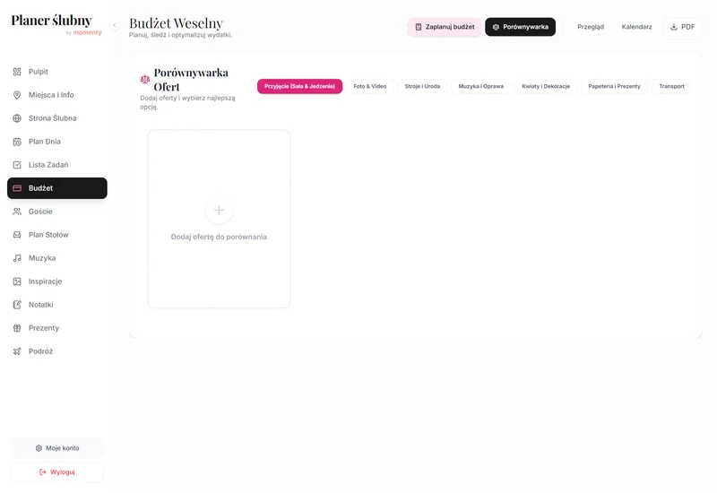 Porównanie ofert w budżecie ślubnym online w widoku desktop