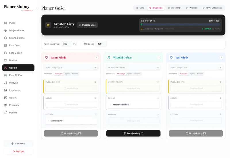 Robocza lista gości weselnych w planerze ślubnym online w widoku desktop
