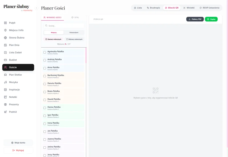 Bileciki QR dla gości w planerze ślubnym online w widoku desktop