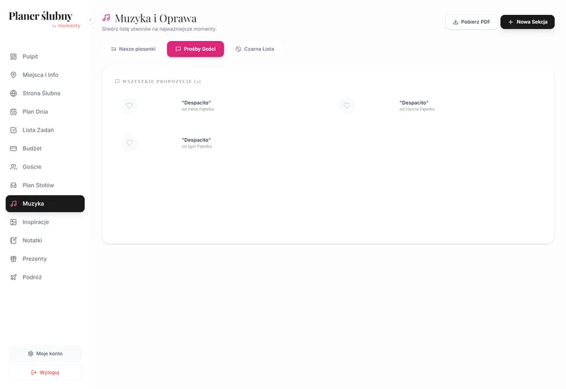 Prośby gości o utwory weselne w planerze online w widoku desktop